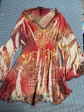 Red Floral Boho V‑Neck Tunic with Elastic Waist